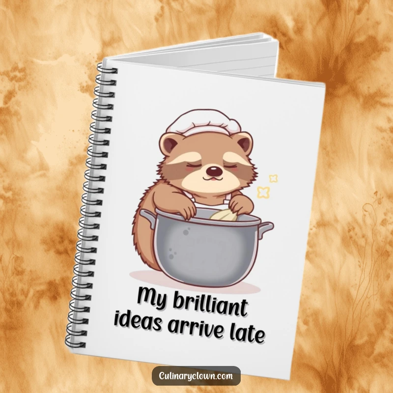 Funny sloth chef notebook showing a sleepy character stirring a pot, great for jotting notes at a relaxed pace.