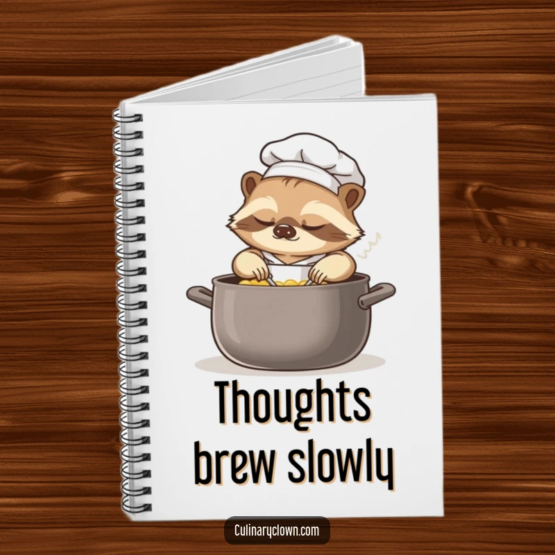 Funny sloth chef notebook with a sleepy sloth in a chef's hat, calmly stirring a large pot on the cover.
