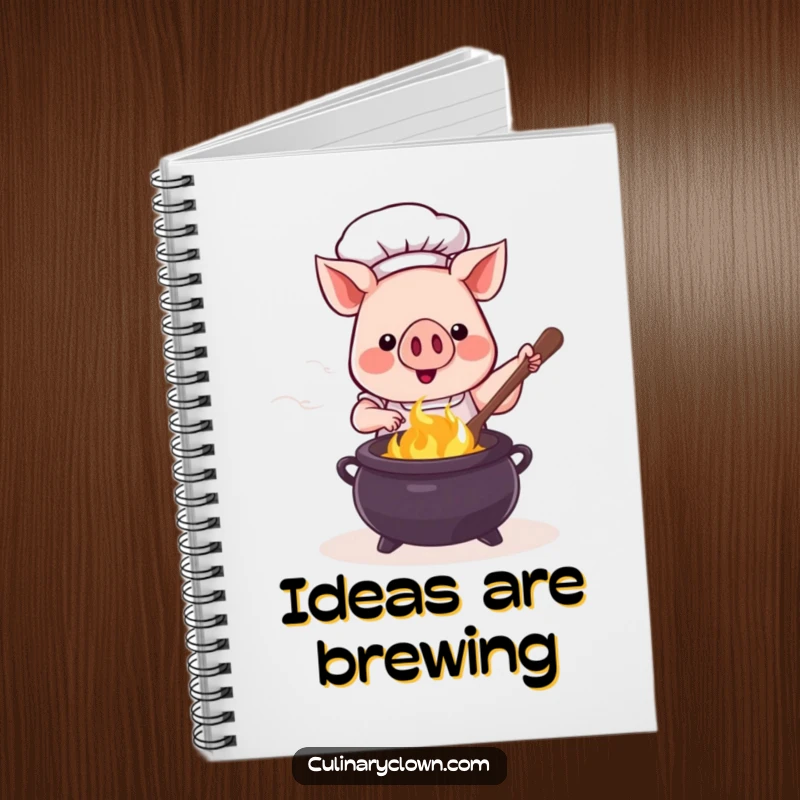 Funny kawaii pig chef stirring a bubbling cauldron, featured on the cover of a delightful and inspiring notebook.