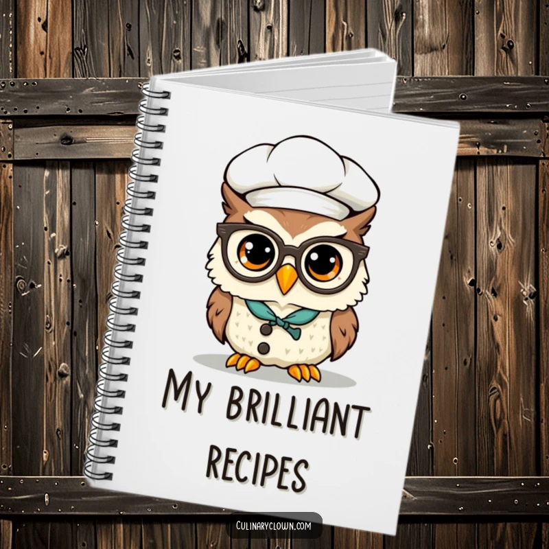Funny Kawaii Owl Chef Notebook: A cute owl wearing a chef hat and glasses precariously on its beak, perfect for jotting down wise ideas.