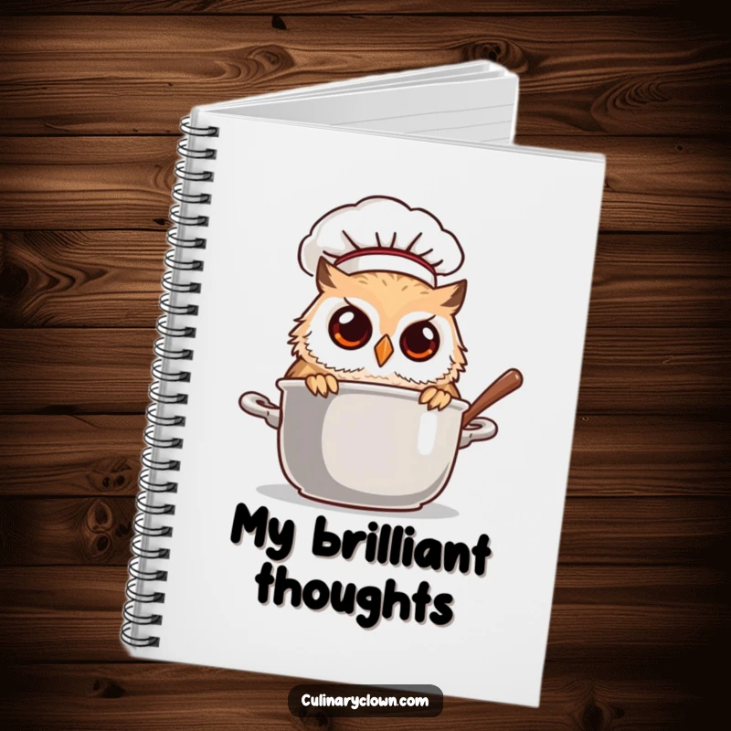 Funny owl chef peeking into a steaming pot, a humorous and practical notebook for recipes and culinary notes.