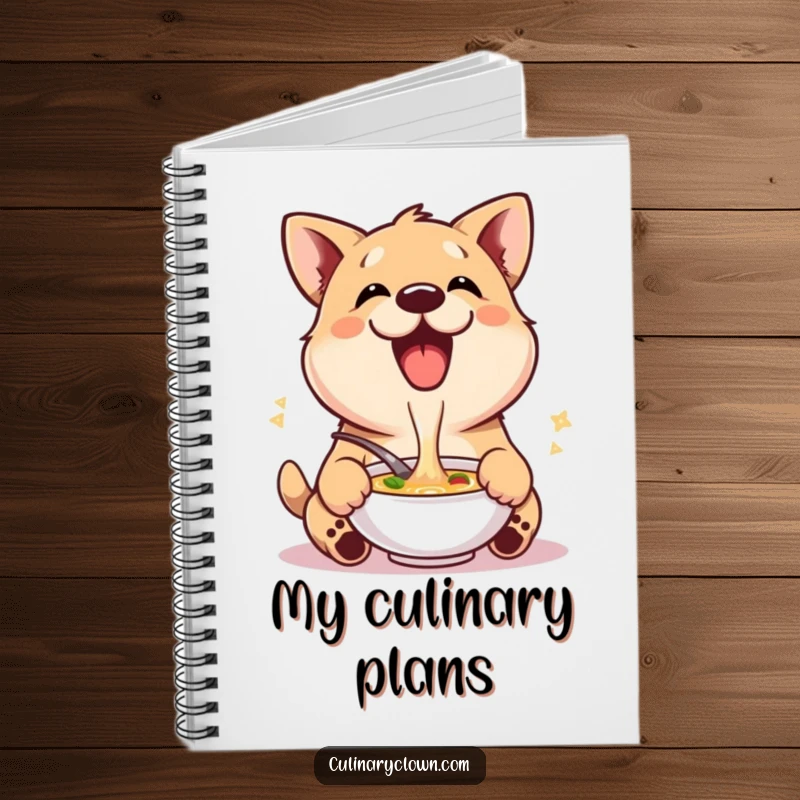 Funny notebook with a delighted dog character happily tasting soup, perfect for notes and recipe ideas.