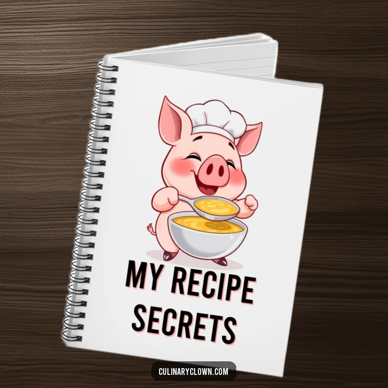 Funny notebook featuring a happy pig chef character gleefully tasting soup, ideal for recipes, notes, and kitchen ideas.