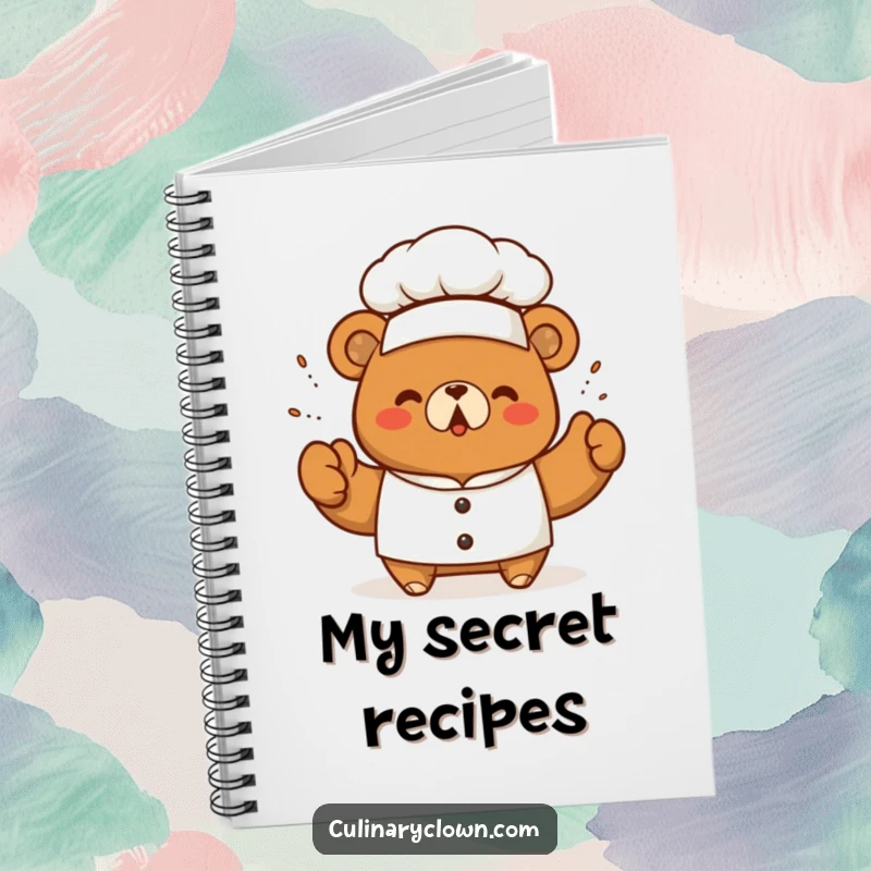 Funny kawaii bear chef triumphantly sprinkling seasoning on a notebook cover, ideal for jotting down delicious recipes.