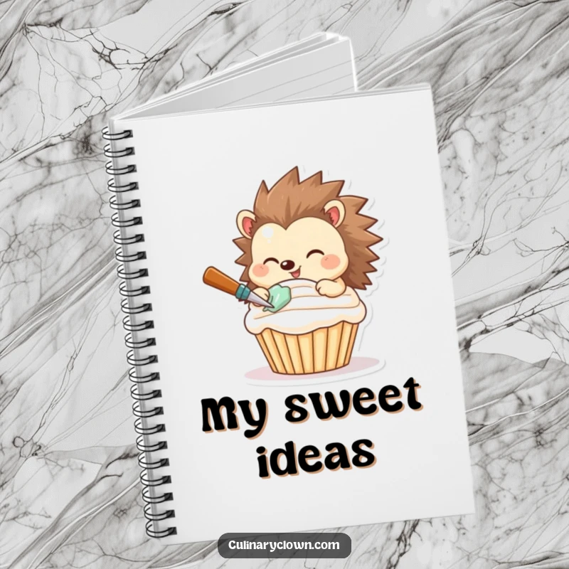 Funny notebook featuring a smiling hedgehog expertly frosting a cupcake, ideal for writing recipes and baking notes.