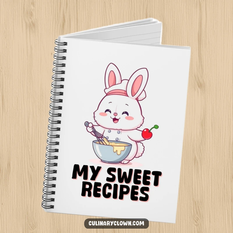 Funny notebook with a fluffy bunny chef whisking batter with a cherry, perfect for jotting down recipes and baking ideas.