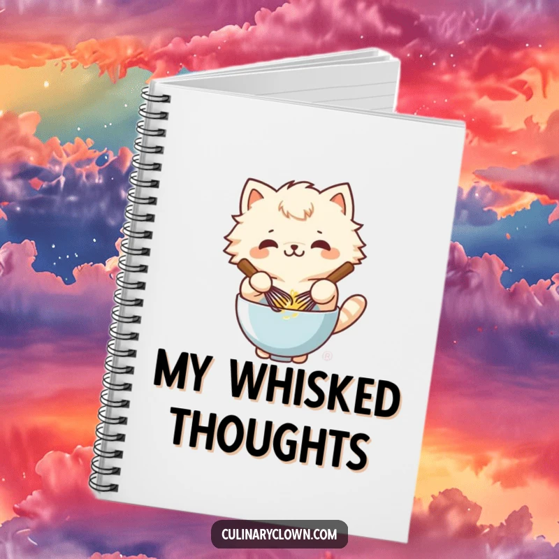 Funny kawaii cat character whisking batter on a notebook, perfect for jotting down baking ideas.