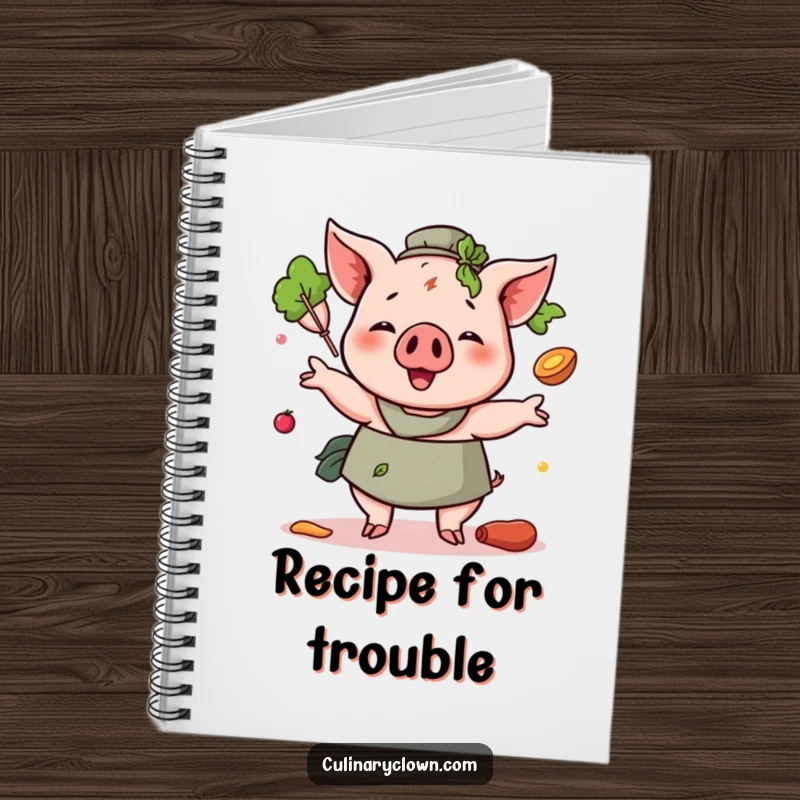 Funny Pig Juggling Ingredients Notebook with a cheerful pig character juggling food items, perfect for jotting down recipes or ideas.