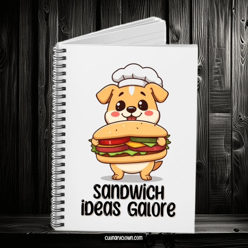 Funny Kawaii Dog Chef Notebook: Adorable dog chef presenting a sandwich, perfect for recipe notes.