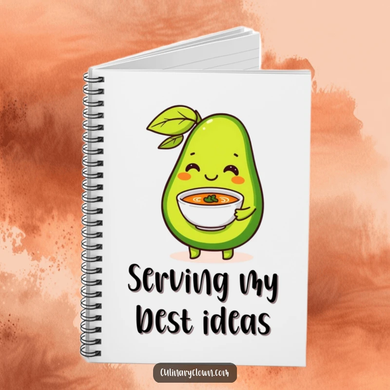 Funny Notebook cover featuring a happy avocado serving a tiny soup bowl with flair, inspiring healthy thoughts and creativity.