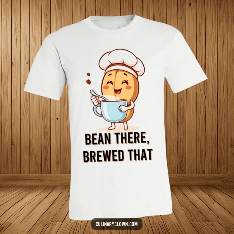 Funny t-shirt with a joyful coffee bean chef character stirring a steaming mug, designed for coffee lovers and humor enthusiasts.