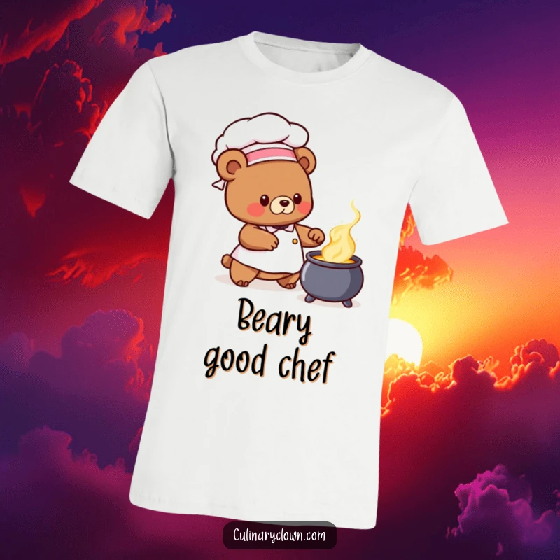 Cute bear chef character in a chef hat stirring a bubbling cauldron, on a whimsical t-shirt, a great funny gift.