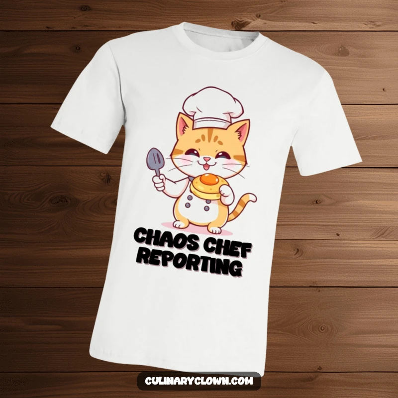 Funny Cat Chef T-Shirt: A mischievous cat chef in a tall toque flambéing a tiny pancake with a grin.