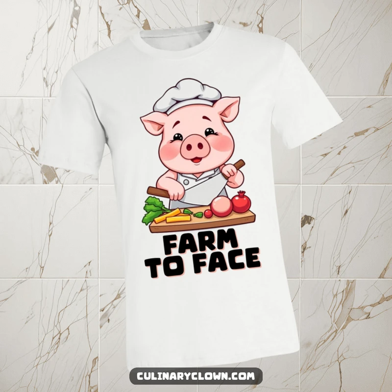 Funny Pig Chef T-Shirt: A determined pig chef, wearing a hat, expertly chops vegetables, ready for a culinary challenge.