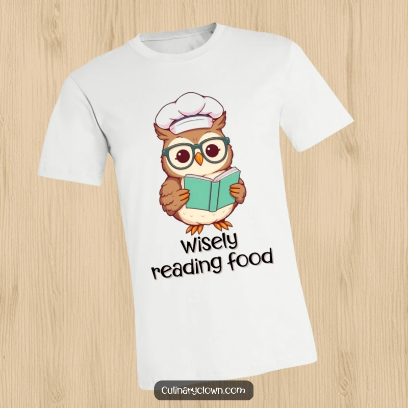 Funny t-shirt with a smiling chef owl wearing glasses, intently reading a recipe, perfect for wise home cooks.