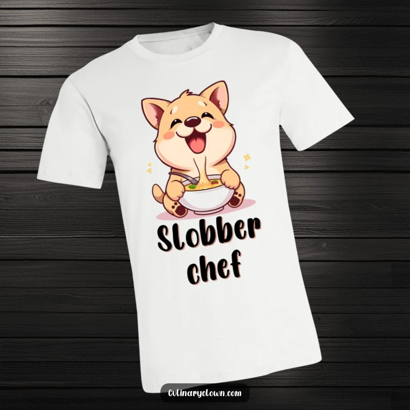 Funny t-shirt of a delighted dog character thoroughly enjoying a bowl of soup with visible enthusiasm and happiness.