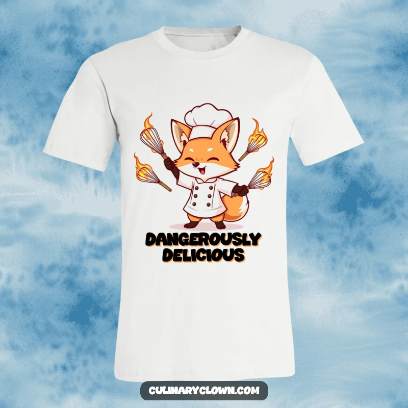 Funny t-shirt depicting a determined fox chef expertly juggling flaming whisks, symbolizing a daring and passionate cook.