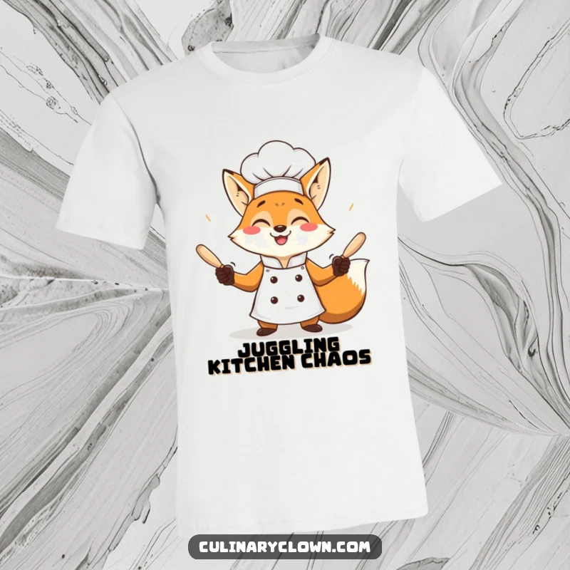 Funny fox chef juggling rolling pins with a grin, humorous cooking apparel.