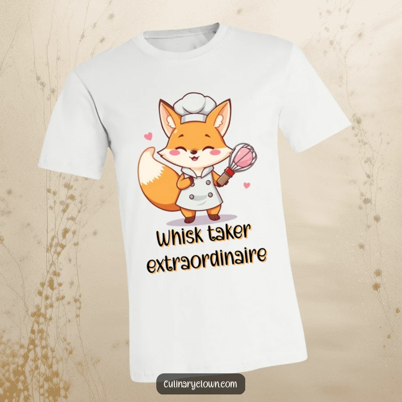 Funny determined fox chef character joyfully whisking pink batter on a t-shirt, celebrating baking.