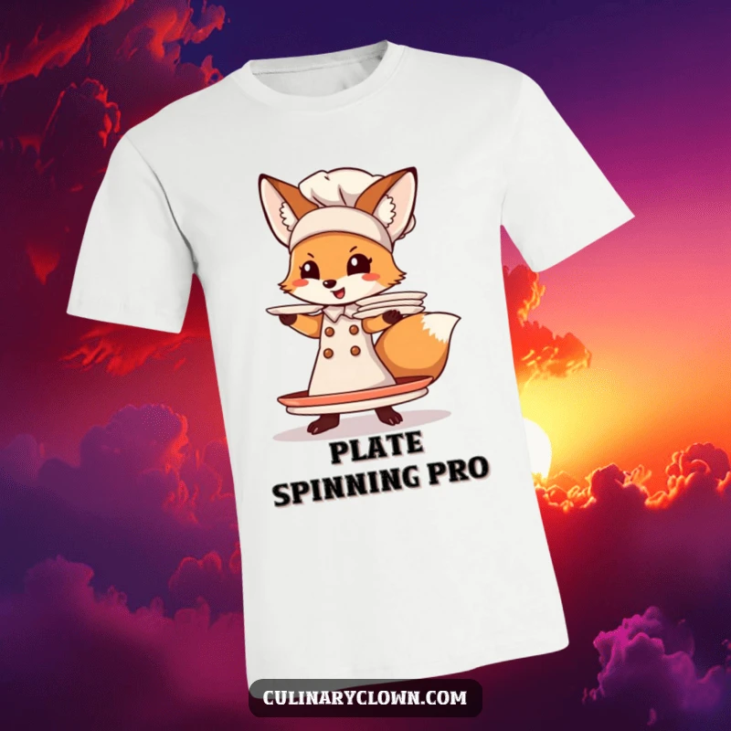 Funny Fox Chef T-Shirt: A determined fox chef wobbles with a massive stack of plates, embodying kitchen chaos and perfect for foodies.