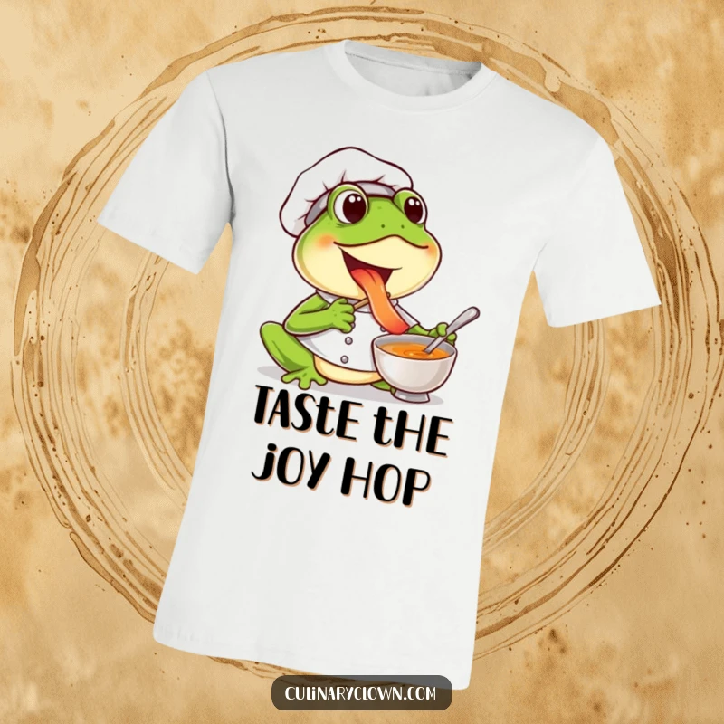 Funny frog chef t-shirt of a joyful character tasting soup with excitement, perfect for food enthusiasts.