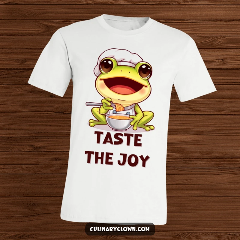 Funny frog chef t-shirt showing an ecstatic frog in a chef uniform, joyfully tasting a spoonful of hearty soup.