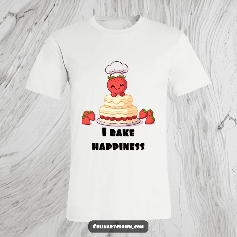 Funny T-Shirt of a happy strawberry character gleefully frosting a cake, celebrating the joy of baking.
