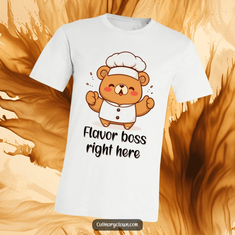 Funny kawaii bear chef triumphantly sprinkling seasoning, printed on a comfortable t-shirt for culinary fun.