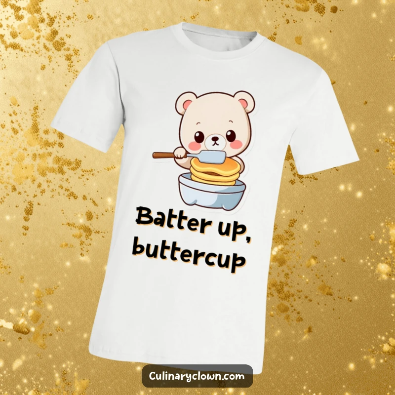 Funny kawaii bear character flipping pancakes with a spatula, looking slightly panicked, on a t-shirt.
