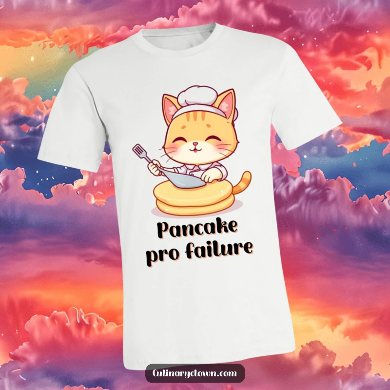 Funny kawaii cat chef in a chef hat attempting to flip a huge pancake, looking stressed, on a t-shirt.