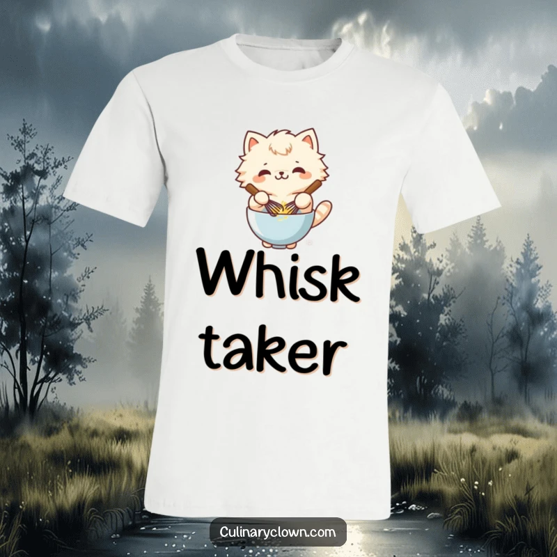 Funny kawaii cat character enthusiastically whisking batter in a bowl on a t-shirt, looking thrilled.