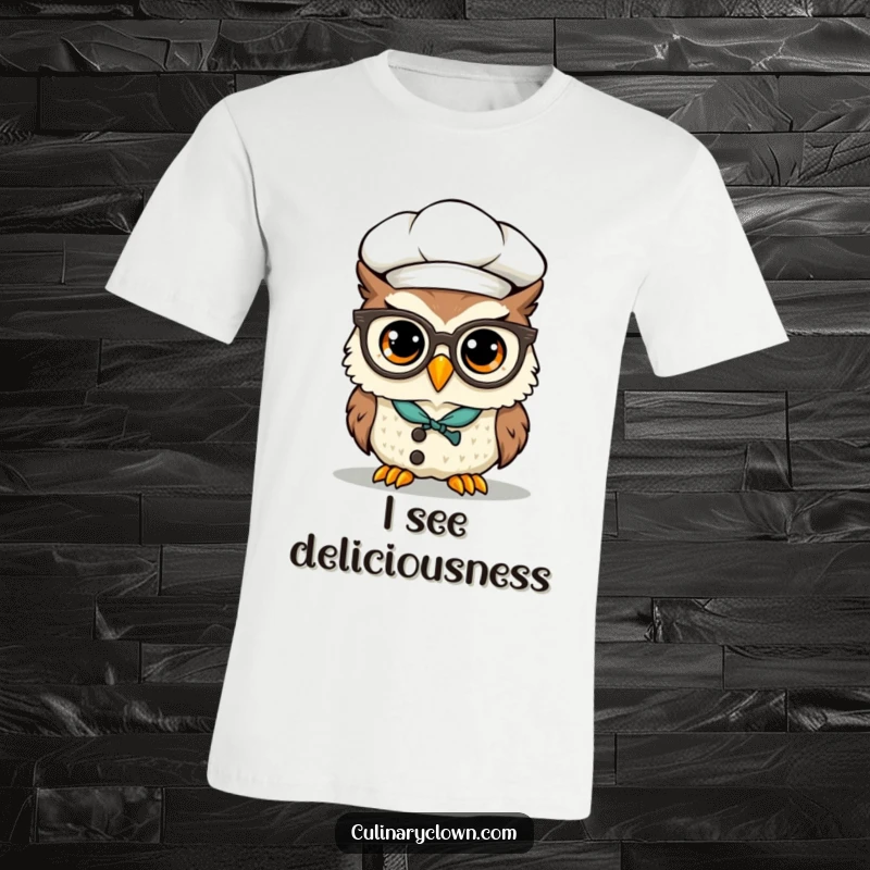 Funny Kawaii Owl Chef T-Shirt: A cute owl wearing a chef hat and spectacles precariously on its beak, looking smart and ready to cook.