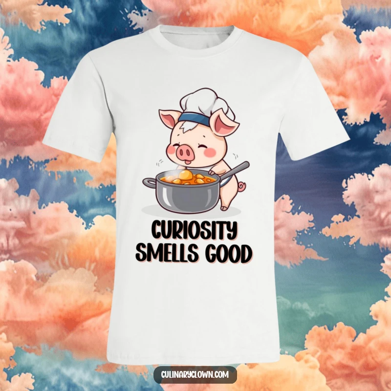 Funny Kawaii Pig Chef T-Shirt: Adorable pig chef sniffing a steaming stew pot, perfect for food enthusiasts.