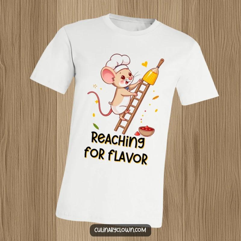 Funny mouse chef t-shirt of a brave character scaling a ladder for spices, perfect for culinary adventurers.