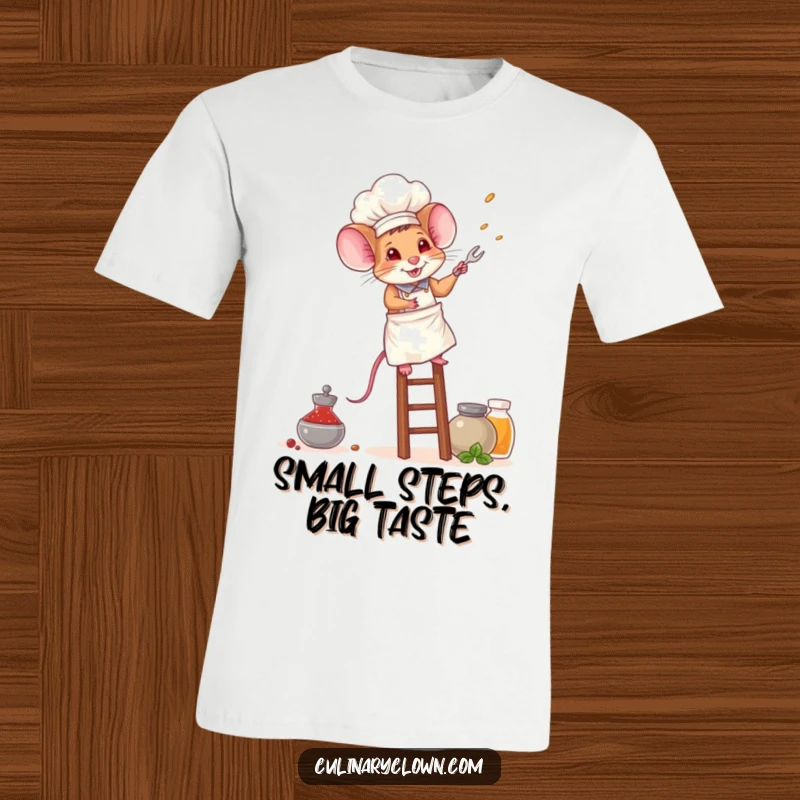 Funny mouse chef t-shirt showing a small, brave mouse in a chef uniform, intently climbing a ladder towards jars of spices.