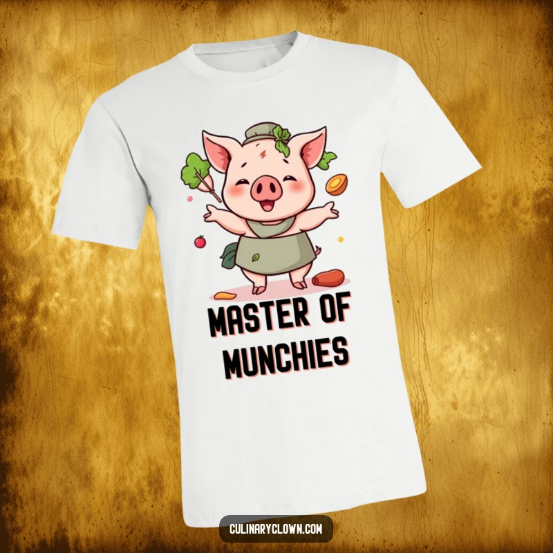 Funny Pig Juggling Ingredients T-Shirt showcasing a happy pig character in mid-air, juggling a bag of flour, eggs, and a rolling pin.