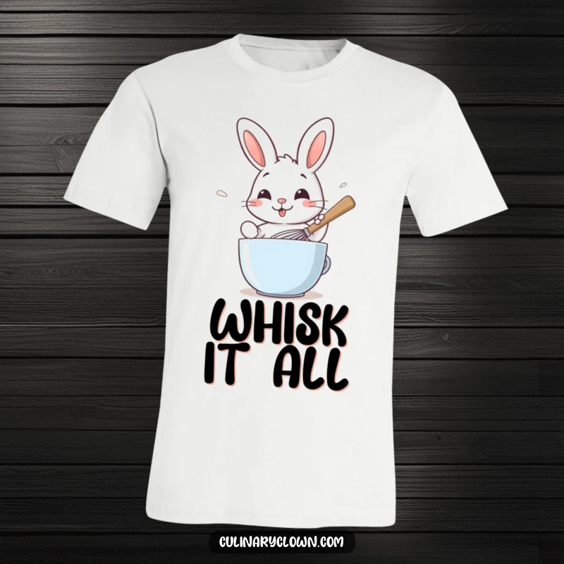 Funny t-shirt showing a smiling rabbit character actively whisking batter with a giant spoon, celebrating baking.