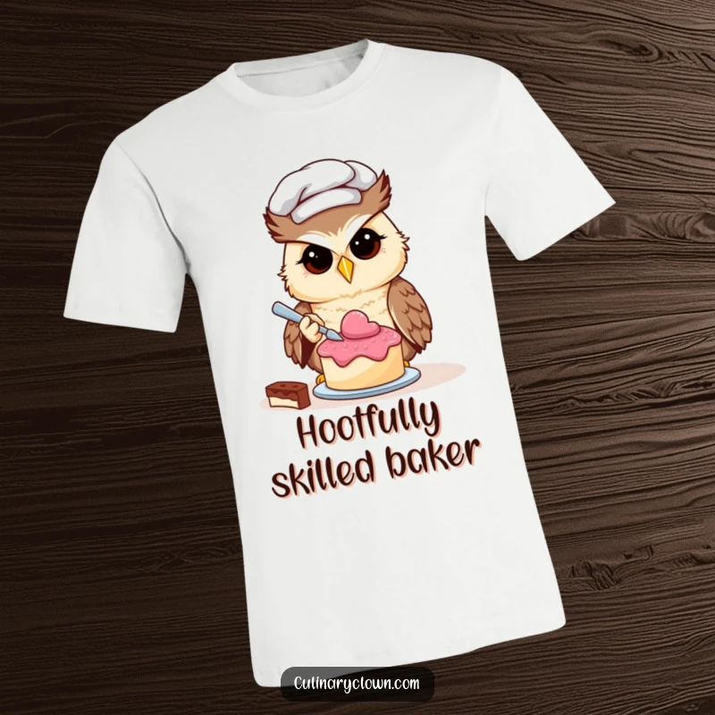 Funny determined owl chef meticulously decorating a miniature cake, humorous baking apparel.