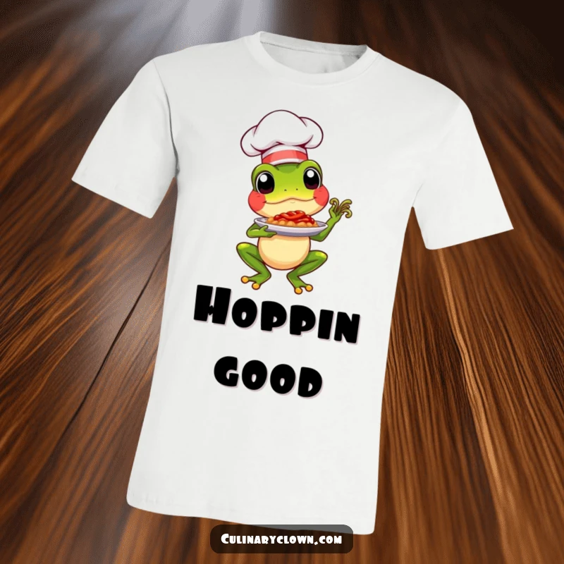 Funny chef frog wearing a chef hat, proudly displaying a gourmet dish, a humorous apparel design.