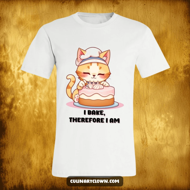 Funny t-shirt featuring a mischievous cat chef skillfully decorating a cake with precise frosting swirls, looking very pleased.
