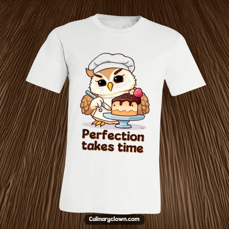 Funny owl chef t-shirt featuring a serious owl in a chef's hat, artistically decorating a small, festive cake with meticulous care.