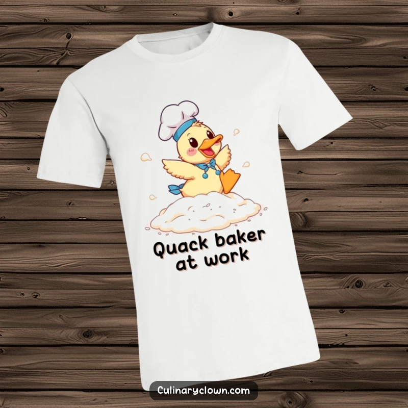 Funny Duck Chef T-Shirt: A joyful duck chef tumbling happily in a big pile of white flour.