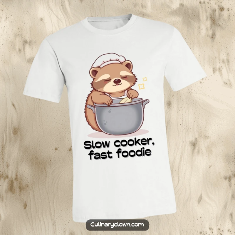 Funny sloth chef t-shirt showing a sleepy character slowly stirring a big pot, great for chefs and sloth lovers.