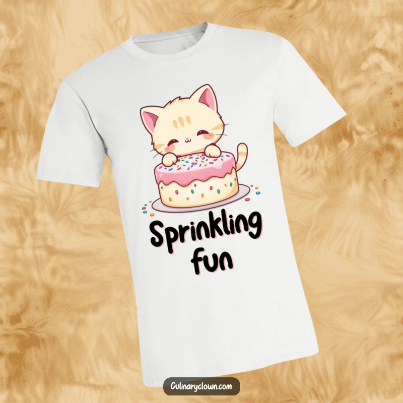Funny t-shirt showing a playful cat character decorating a cake with sprinkles, celebrating sweet creations.