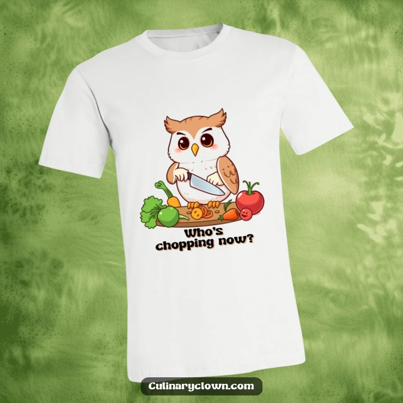 Funny t-shirt showing a happy owl character precisely chopping vegetables, celebrating culinary precision and humor.