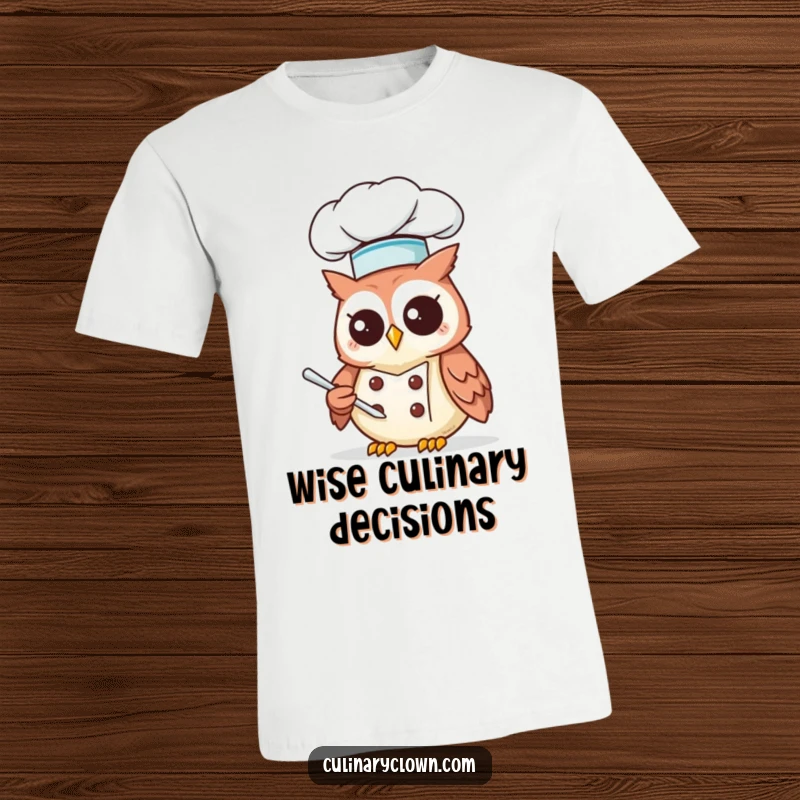Funny Kawaii Owl Chef T-Shirt: Cute owl chef in a tall hat thoughtfully reading a recipe, perfect for foodies.