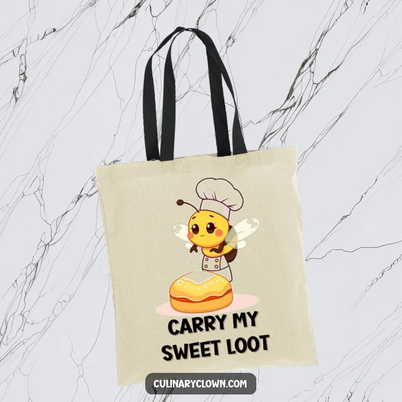 Funny bee chef sprinkling sugar onto a pastry, a charming and humorous tote bag for carrying baking tools.