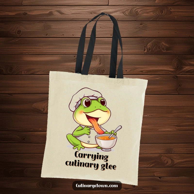 Funny frog chef tote bag showing a joyful frog tasting soup, ideal for carrying groceries with a smile.