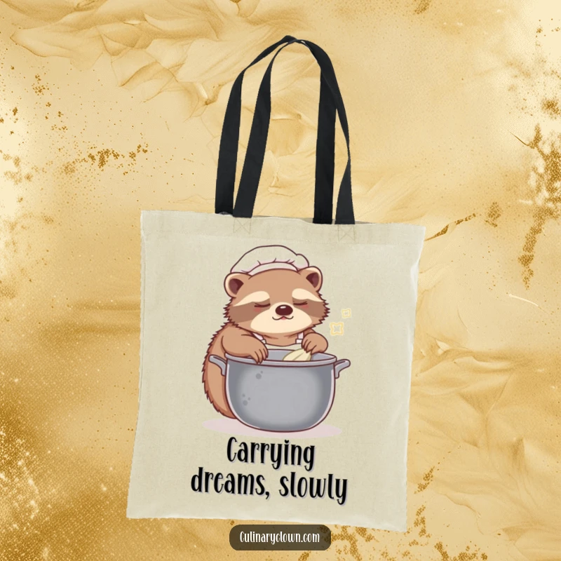 Funny sloth chef tote bag with a sleepy character slowly stirring a meal, ideal for carrying essentials with humor.