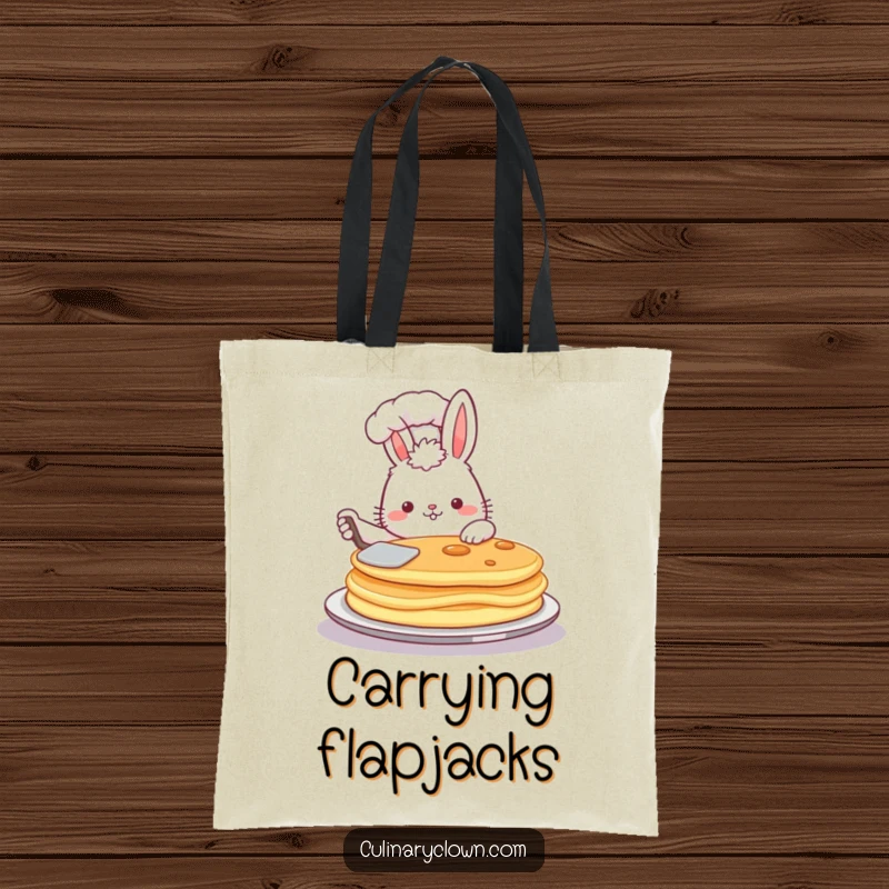 Funny tote bag depicting a fluffy bunny chef proudly flipping a massive pancake with a spatula, ready for breakfast.